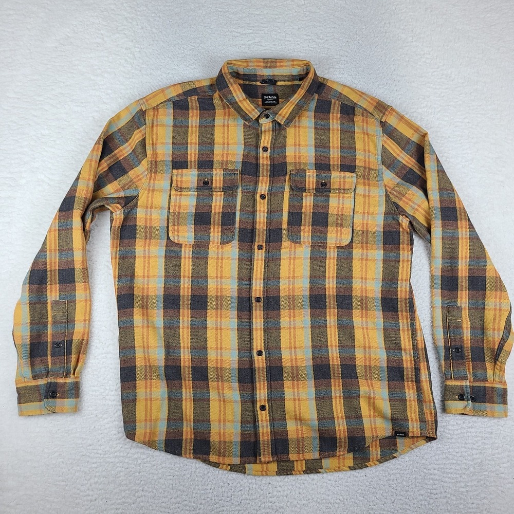 prAna Flannel Shirt Mens XL Brown Orange Yellow Plaid Cotton Dress Button Up
